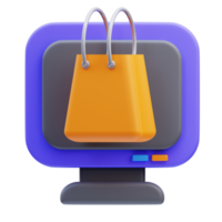 Representación 3d del monitor del dispositivo y la ilustración del icono de la bolsa, marketing de productos png