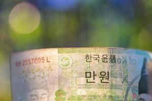 South Korea banknotes in glass jar. photo