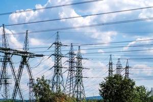 Rows of electrical towers and power lines. Horizontal view photo