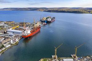 Aerial view from a drone of a port with ships. Water transport photo