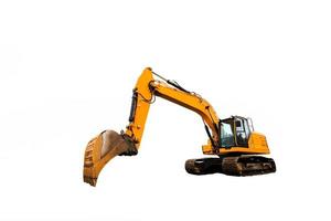 Yellow excavator in construction site isolated on white background. photo