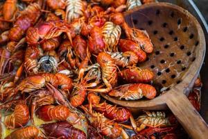 Boiled red crayfish or crawfish with herbs. Crayfish boiling in the pot on the fire photo