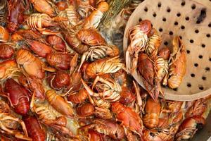 Boiled red crayfish or crawfish with herbs. Crayfish boiling in the pot on the fire photo