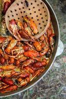 Boiled red crayfish or crawfish with herbs. Crayfish boiling in the pot on the fire photo