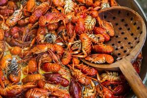 Boiled red crayfish or crawfish with herbs. Crayfish boiling in the pot on the fire photo