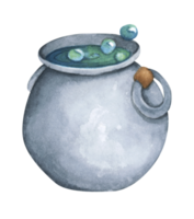 Steel black cauldron with boiling magic potion. Watercolor illustration for Halloween. png