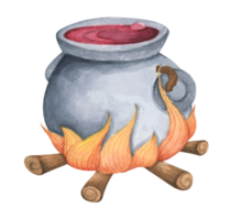 Witch Cauldron, Steel black cauldron with boiling magic potion. Watercolor illustration for Halloween. Use it for postcards, invitations, and scrapbooking. png