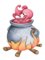 Steel black cauldron with boiling magic potion. Watercolor illustration for Halloween. png