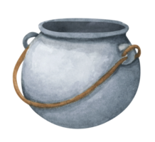 Fantasy witch cauldron, Steel black cauldron. Watercolor illustration for Halloween. Use it for postcards, invitations, and scrapbooking. png