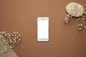 Mobile phone with white screen and dry flower branch and stone on a light brown background. Trend, minimal concept with copyspace photo