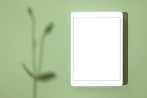 Ipad mock up and plant in hipster style on green background. Copy space. Mock up template. Business communication. Isolated object. Spring decoration. photo