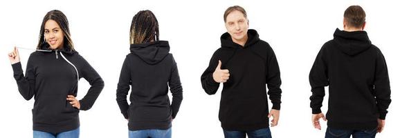 black woman in hoodie mockup, man in empty hood front and back view isolated over white, hoodie set female and male photo