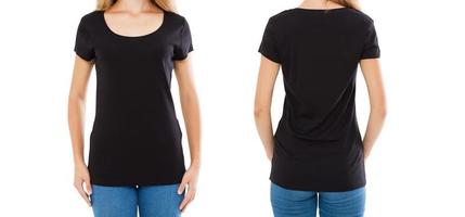 girl in black t-shirt set - front and back views isolated on white photo