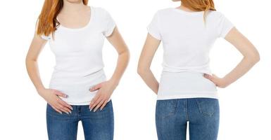 vistas frontales y traseras de mujeres escandinavas jóvenes de pelo rojo con una camiseta elegante de fondo blanco. maqueta para camiseta de diseño foto