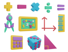 Conjunto de renderização 3D de itens de ferramentas matemáticas escola infantil. 3D rendem o estilo dos desenhos animados de ilustração. png