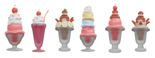 Representación 3d de un juego de copa de helado sundae de muchos sabores png