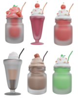 renderização 3D do conjunto de copo de vidro de smoothies muitos sabores. estilo de desenho animado de renderização 3D. png