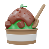 renderizado en 3d para llevar una taza de té verde helado de frijol rojo hielo suave. Estilo de dibujos animados de procesamiento 3D.