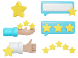 Rendu 3d d'un ensemble d'icônes d'examen de commentaires d'étoiles concept de commentaire et de service client