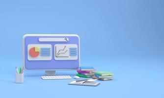 Computer screen showing finance and marketing graphs with stacks of books, books, and pencils. Concept of academic learning. photo