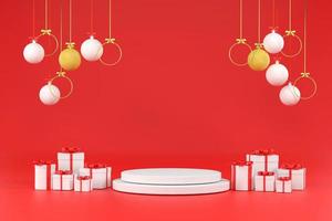 White Christmas ball, gift box and golden ring at Christmas festival on a red background. photo