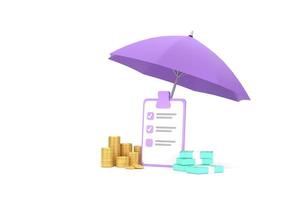 Piles of golden coins and banknotes under purple umbrella. photo