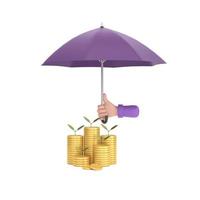 hand holding purple umbrella over pile of coins. Close up of stack of coins . photo