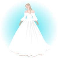 Digital illustration of a bride in a fluffy white wedding dress with her hair loose on her shoulder and wearing a pair of gloves in her hands. png