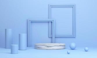 Marble circle podium with picture frame is a backdrop in blue tones. for product presentation. photo