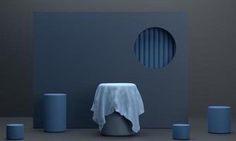 Circular podium with veil in blue tones. for displaying business products in a gloomy atmosphere. Scene stage mockup showcase for product, sale, banner, presentation, cosmetic, offer. photo