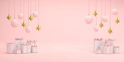Pink Christmas ball and golden stars at Christmas festival on a white background. photo