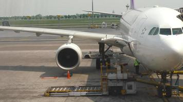 BANGKOK, THAILAND NOVEMBER 14, 2018 - Thai Airways Airbus A330 uploading cargo onboard, Suvarnabhumi Airport, Bahgkok, Thailand video