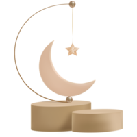 3d pódio suporte lua crescente e estrela pendurada, decoração do festival de cultura islâmica árabe vetorial png