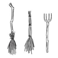 Halloween brooms and pitchfork set. Vector doddle illustration