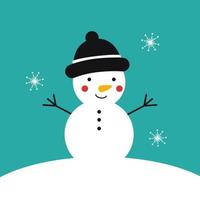 Cute baby snowman in a hat stands in the snow. Vector winter illustration with space for a text