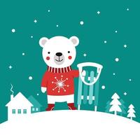 A cute little polar bear cub stands on the forest edge with a sled vector