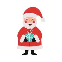 Cute cartoon Santa Claus holding a gift in his hands. Funny vector illustration in flat style