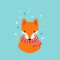 Cute little fox in a warm scarf on a blue background. Flat vector illustration