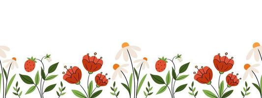 Floral summer border with poppies, daisies and strawberries vector