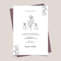 plantilla de tarjeta de invitación de boda de arte de línea floral elegante vector
