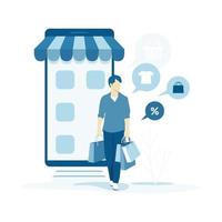 Online Shopping Concept with a Man carrying a Lot of Shopping Bags and Smartphone in Back vector