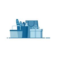 ilustración de cesta de la compra, comestibles, bolsa de papel y caja de regalo en color azul vector