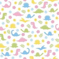 Dinosaurs seamless pattern. Dinosaurs rabbits, flowers and leaves on a white background. vector