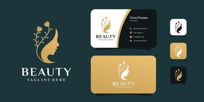 Woman beauty face flower logo design with business card template vector
