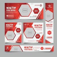 conjunto de diseño de pancartas de alimentos de diferentes tamaños con elementos rojos diagonales y un lugar para fotos. vector