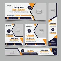 Food banner design set of different sizes with diagonal red elements and a place for photos. vector