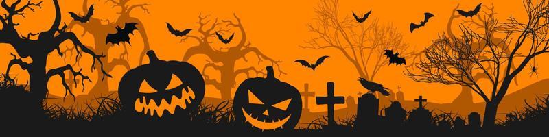 Halloween night background with silhouettes of halloween pumpkins cemetery and scary bats.