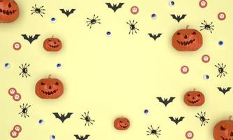 Halloween festival background on yellow background Ghost Pumpkin, bats, eyeballs, spiders, ghost coins photo