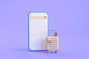 Suitcase, camera with smartphone. travel concept. photo