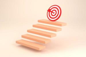 3d. paso con el centro de la flecha roja en la escalera superior. paso de la estrategia empresarial al éxito. concepto de logro de objetivos y metas foto